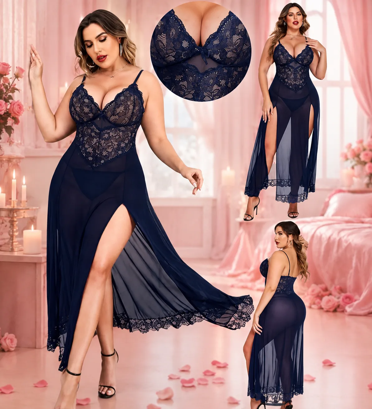 Women Navy Blue Lace Babydoll Nightdress with Sheer Long Slit Robe – Stylish Romantic Nightwear - view 2