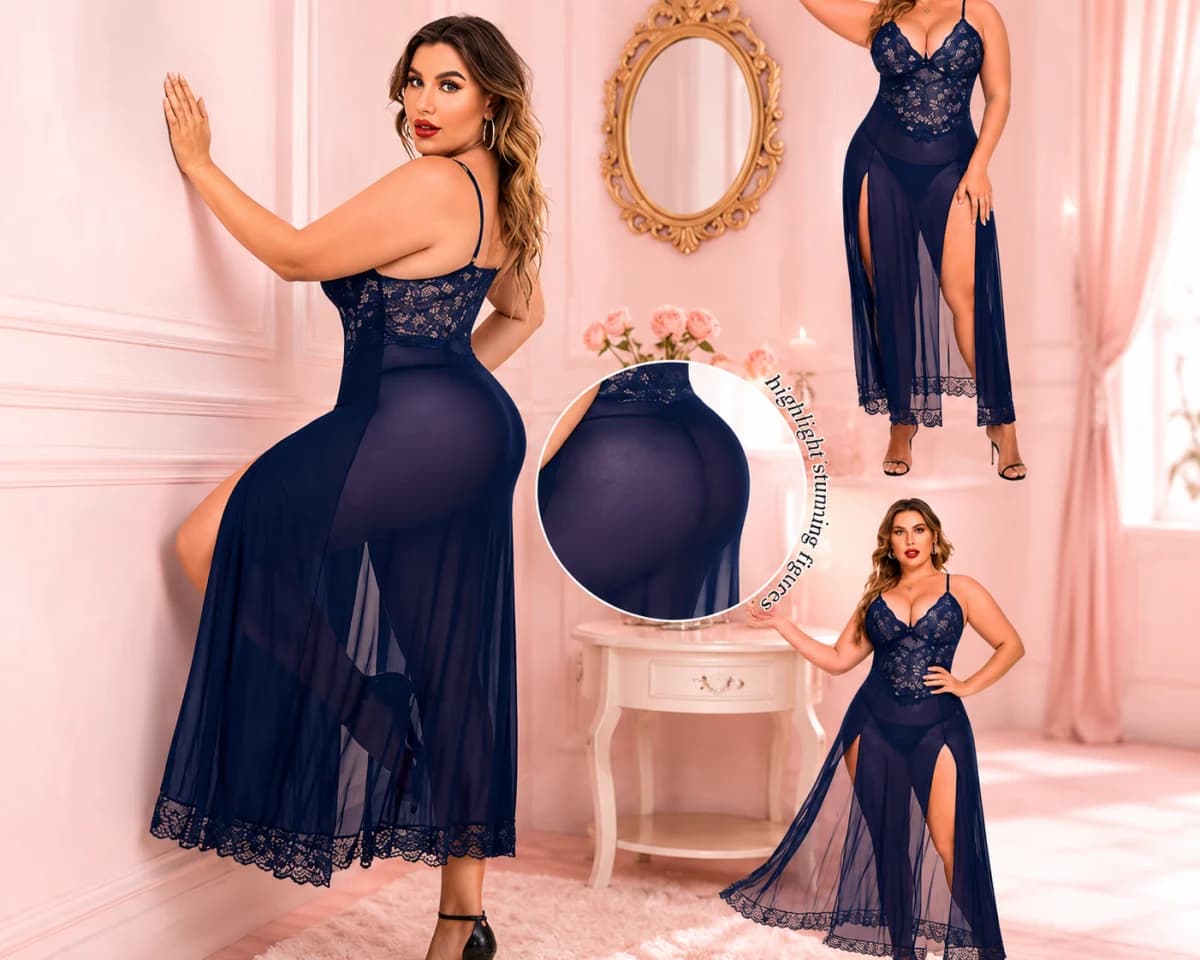 Women Navy Blue Lace Babydoll Nightdress with Sheer Long Slit Robe – Stylish Romantic Nightwear - view 3