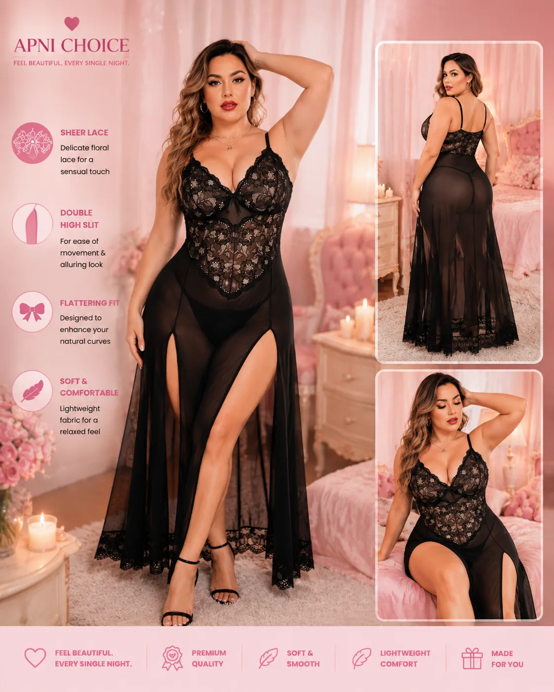 Black Sheer Lace Babydoll Nightdress for Women with Double High Slit - view 2