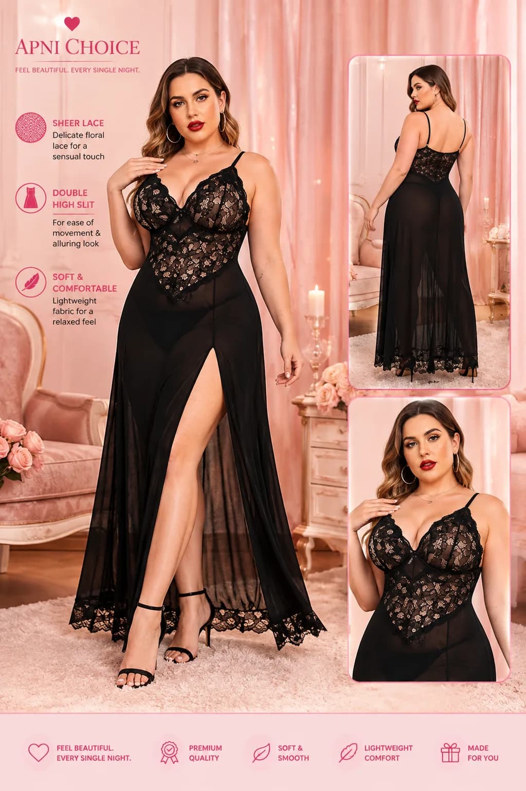 Black Sheer Lace Babydoll Nightdress for Women with Double High Slit - view 3