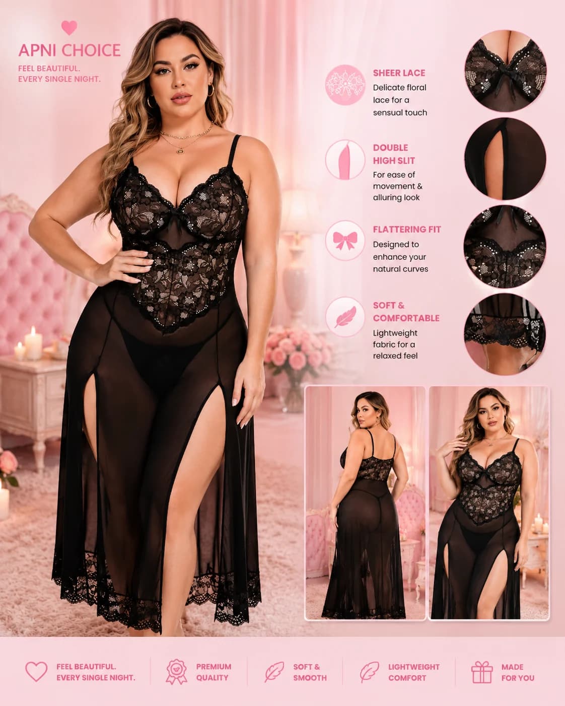 Black Sheer Lace Babydoll Nightdress for Women with Double High Slit - view 4