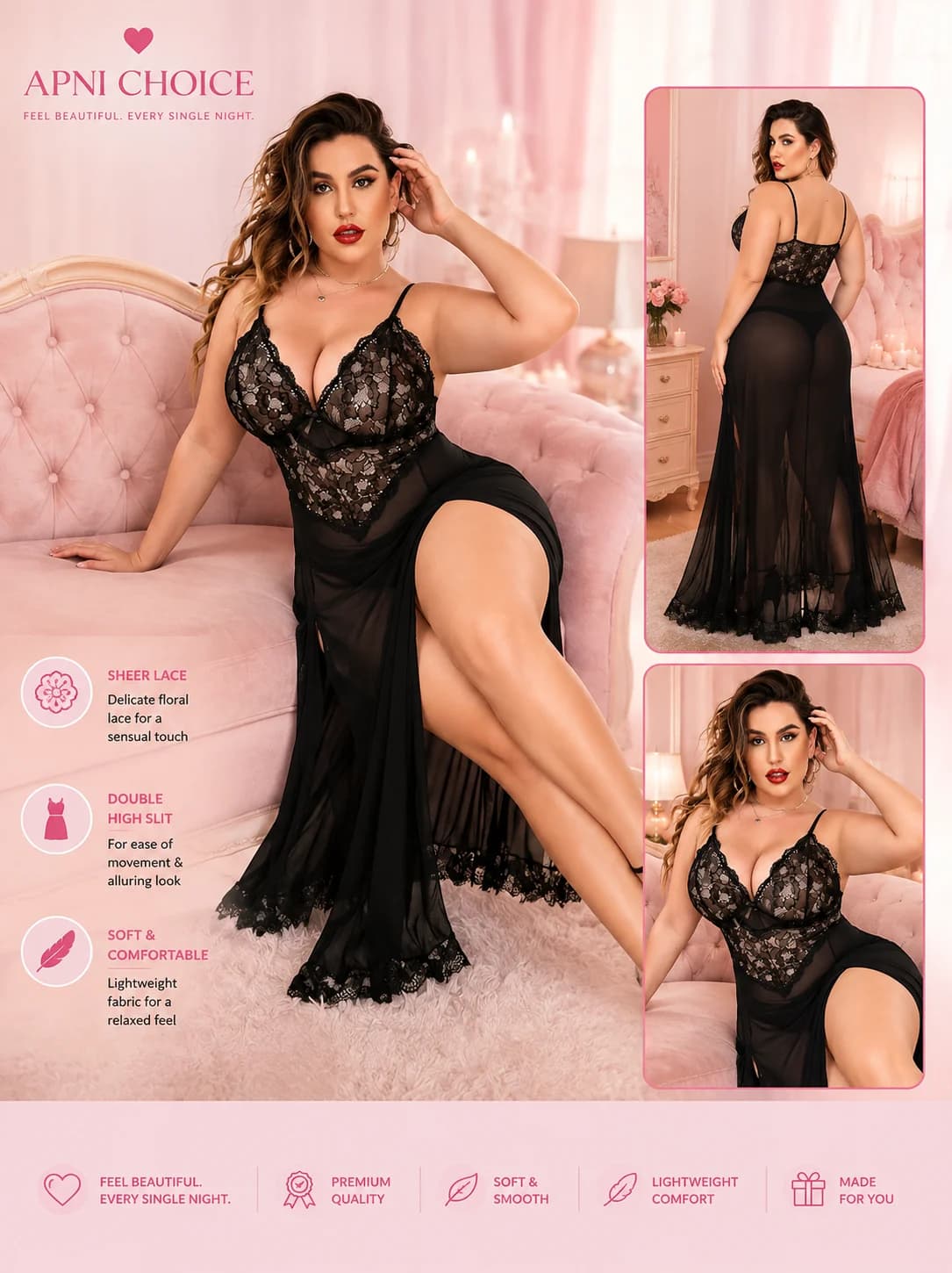 Black Sheer Lace Babydoll Nightdress for Women with Double High Slit - view 5