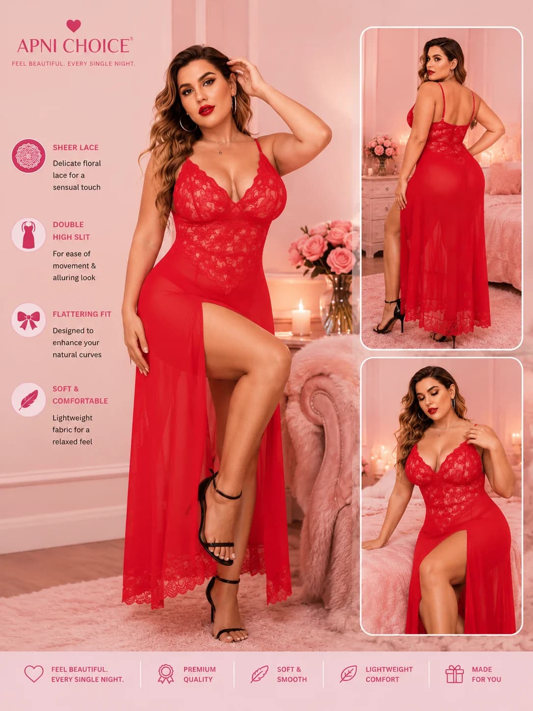 Red Sheer Lace Babydoll Nightdress for Women with High Slit - view 2