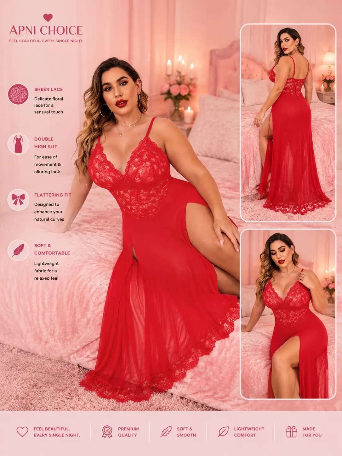 Red Sheer Lace Babydoll Nightdress for Women with High Slit - view 3