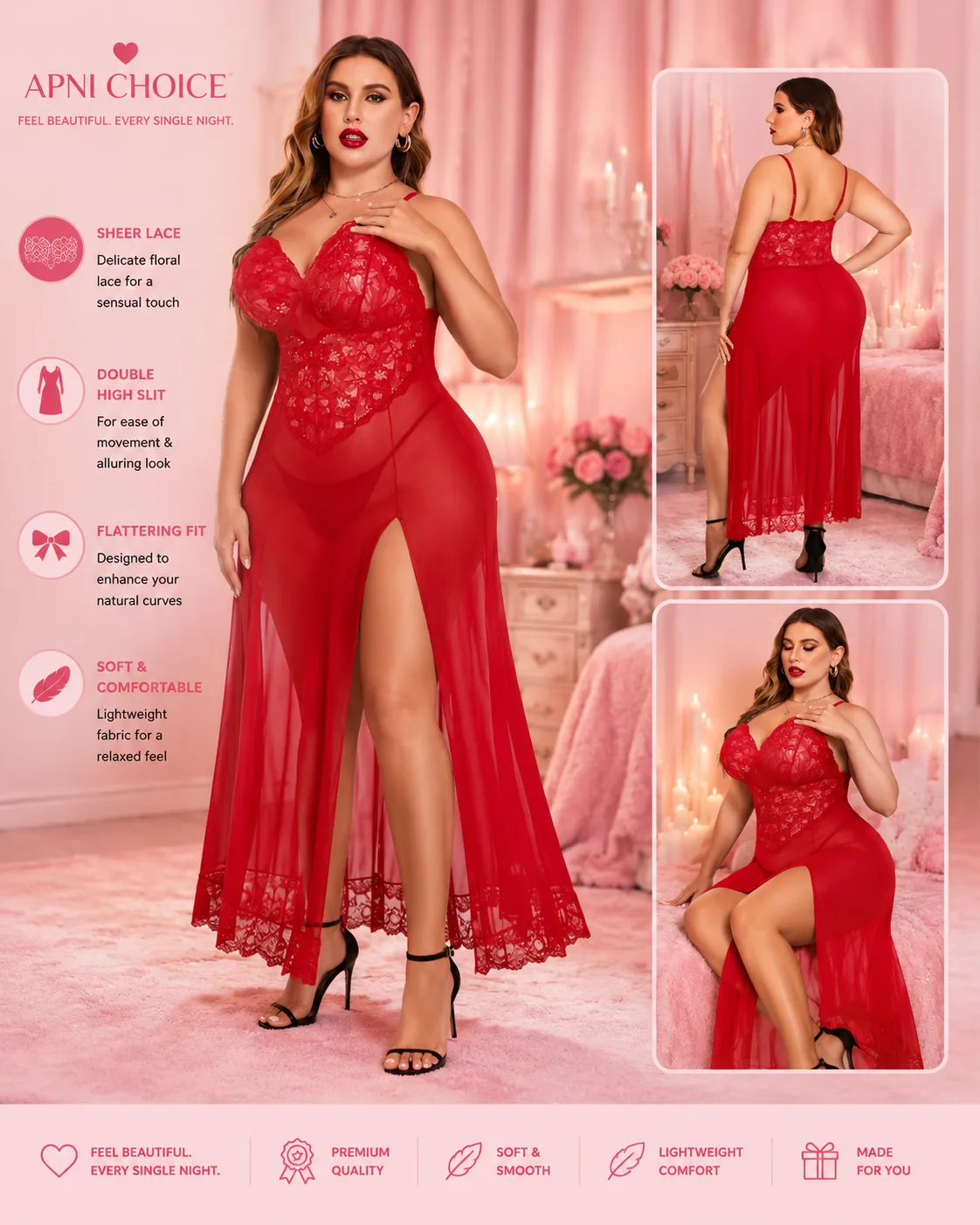 Red Sheer Lace Babydoll Nightdress for Women with High Slit - view 4