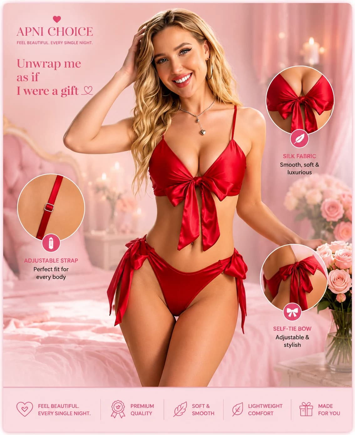 Red Satin Bow Bikini Lingerie Set for Women with Adjustable Straps - view 2