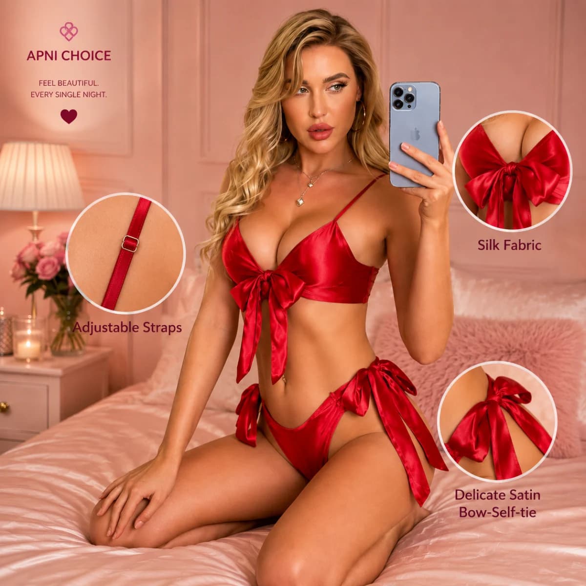 Red Satin Bow Bikini Lingerie Set for Women with Adjustable Straps - view 3