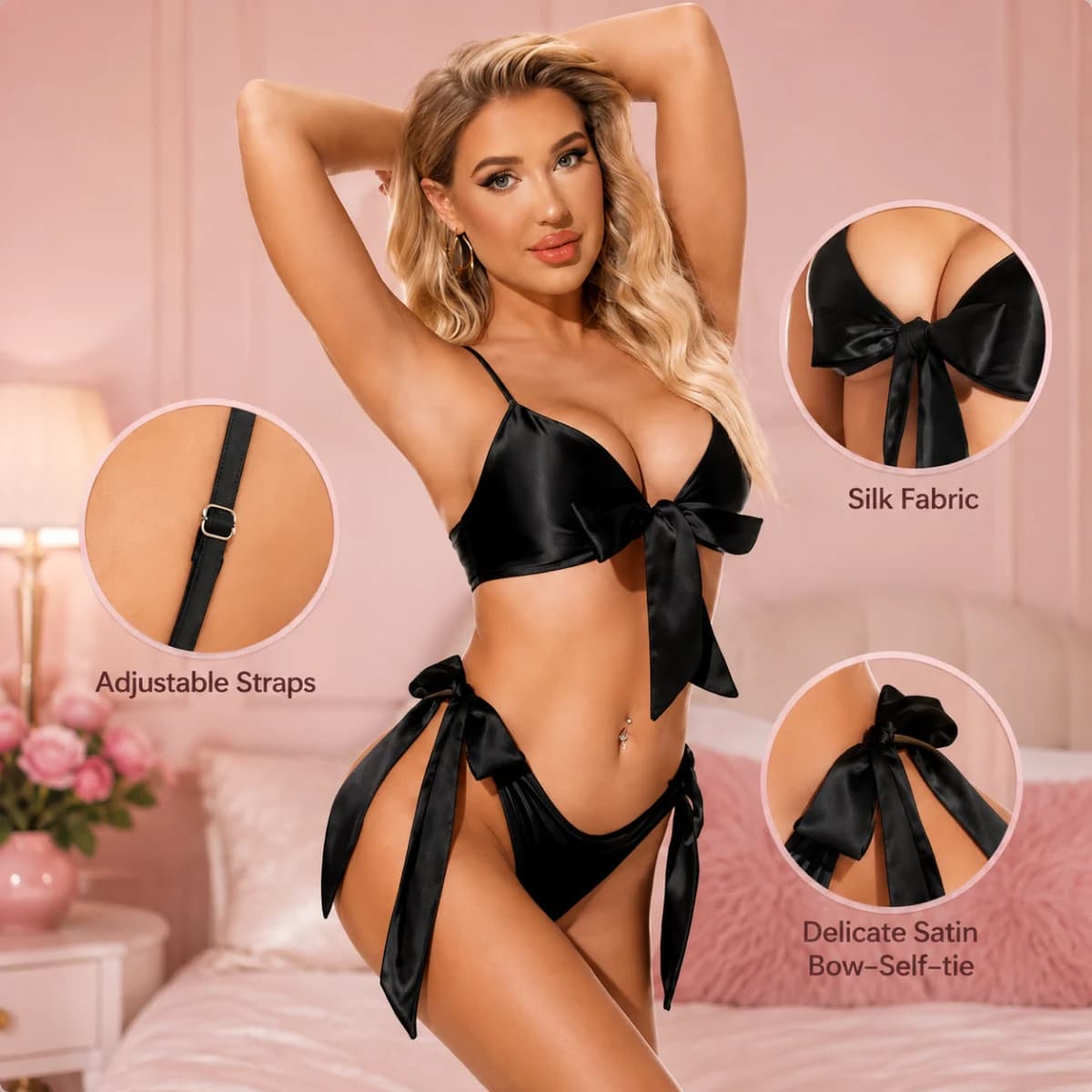 Black Satin Bow Bikini Lingerie Set for Women with Adjustable Straps - view 2