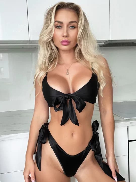 Black Satin Bow Bikini Lingerie Set for Women with Adjustable Straps - view 4