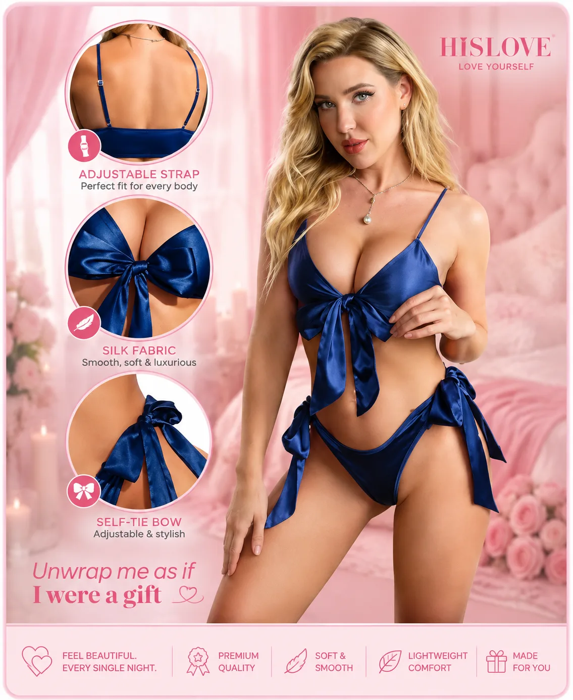 Blue Satin Bow Bikini Lingerie Set for Women with Adjustable Straps - view 2