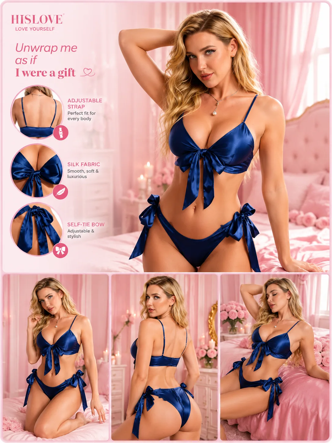 Blue Satin Bow Bikini Lingerie Set for Women with Adjustable Straps - view 4