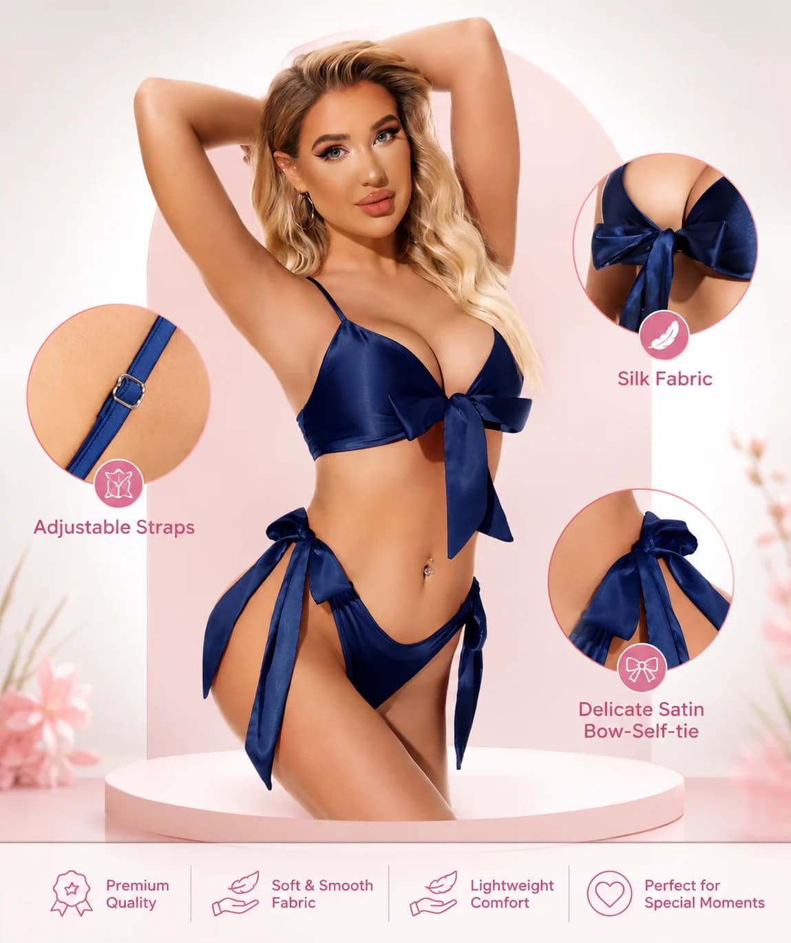 Blue Satin Bow Bikini Lingerie Set for Women with Adjustable Straps - view 5