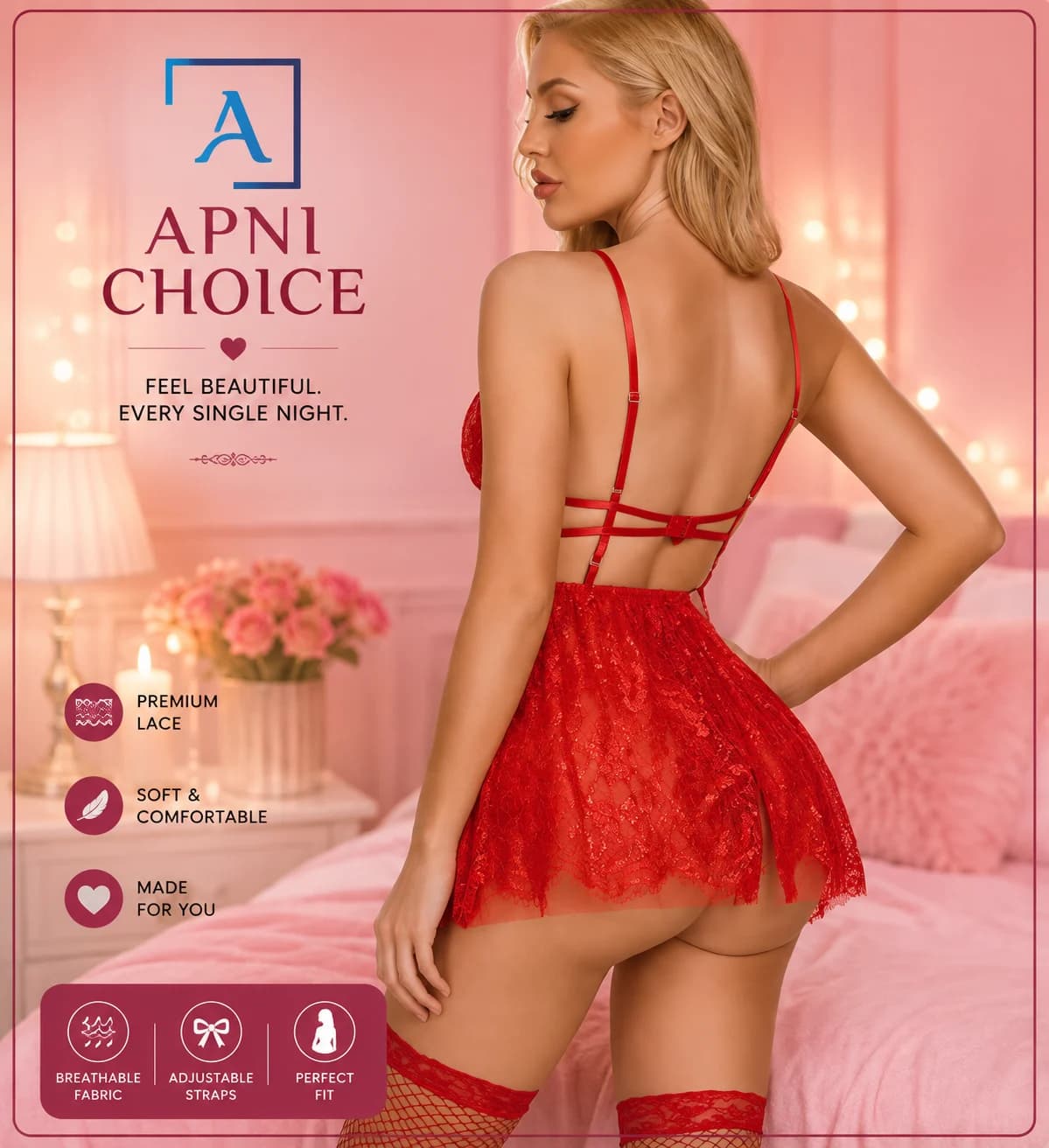 Red Lace Lingerie Set for Women – Romantic Two Piece Nightwear - view 3