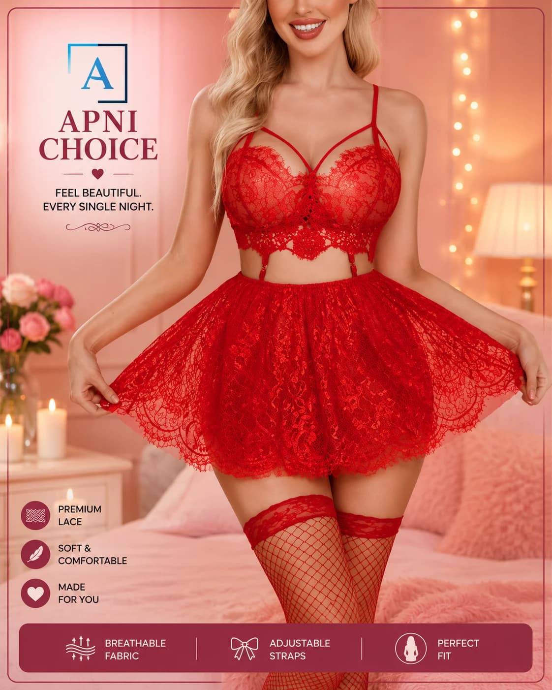 Red Lace Lingerie Set for Women – Romantic Two Piece Nightwear - view 4