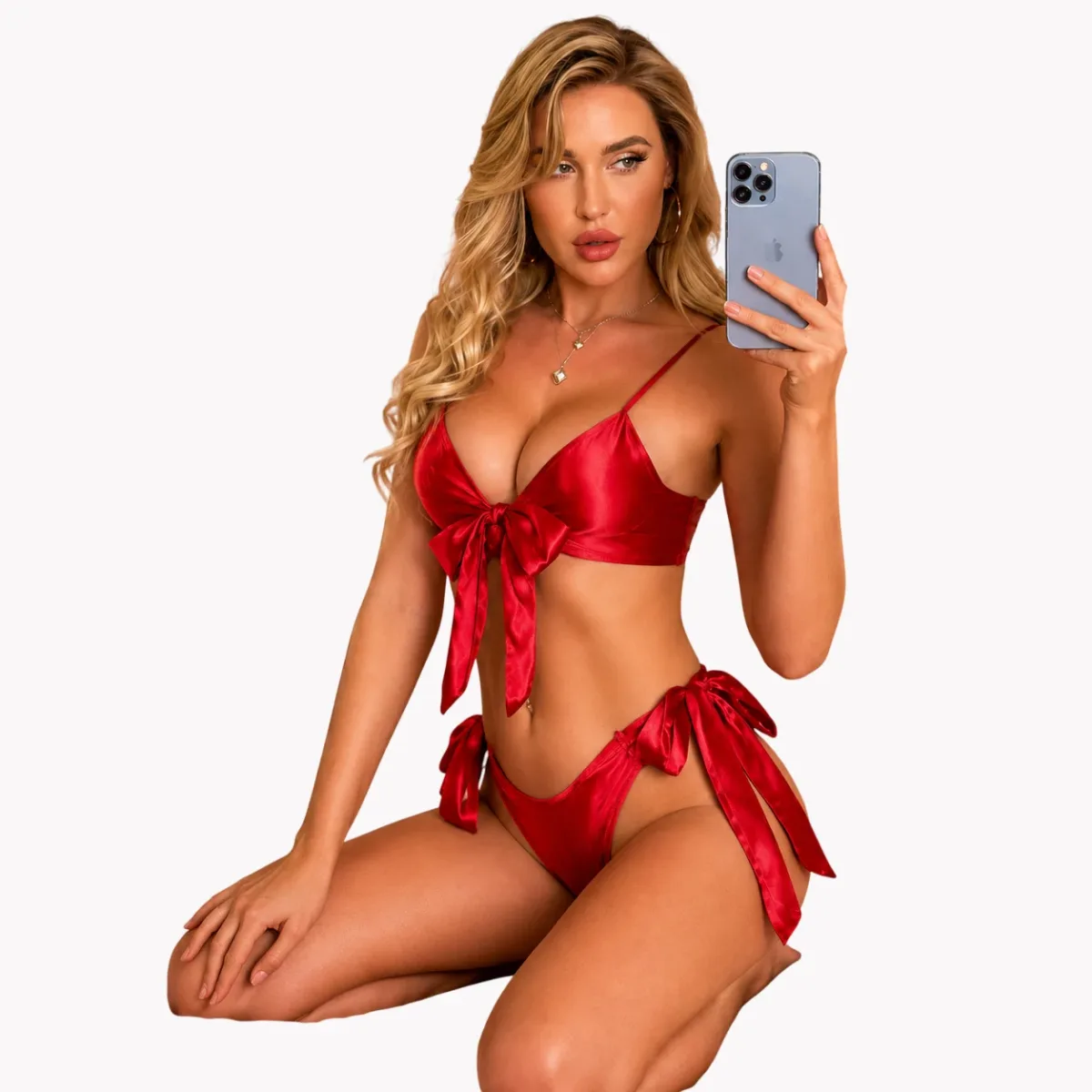 Red Satin Bow Bikini Lingerie Set for Women with Adjustable Straps - view 1