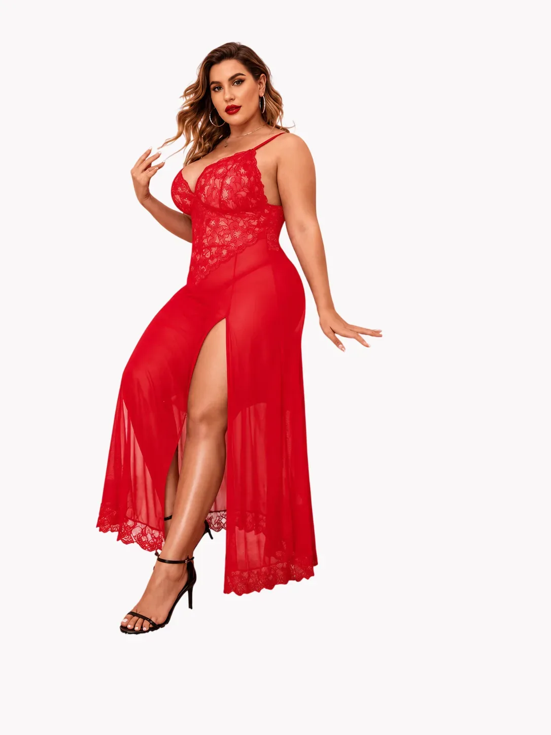 Red Sheer Lace Babydoll Nightdress for Women with High Slit - view 1