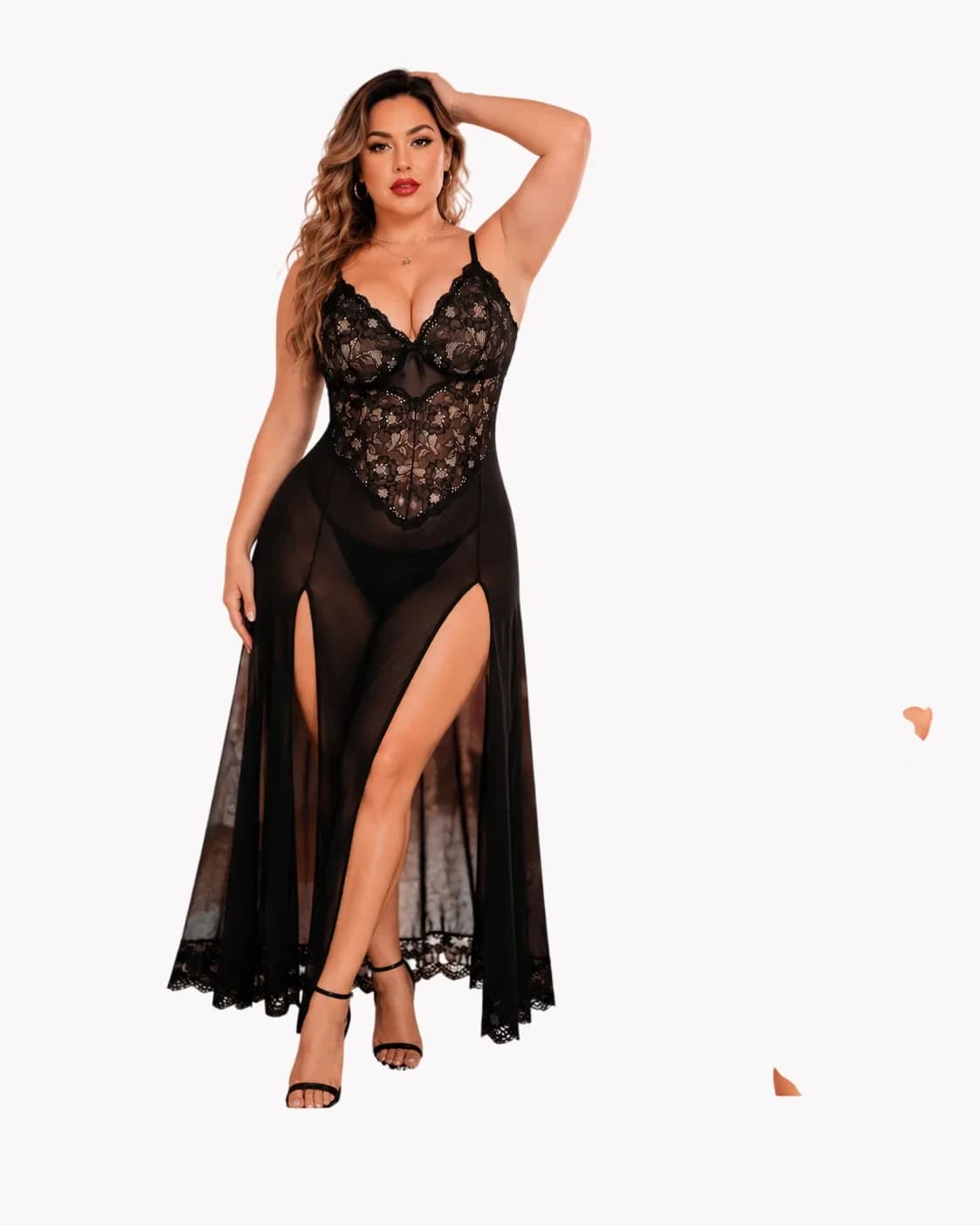 Black Sheer Lace Babydoll Nightdress for Women with Double High Slit - view 1