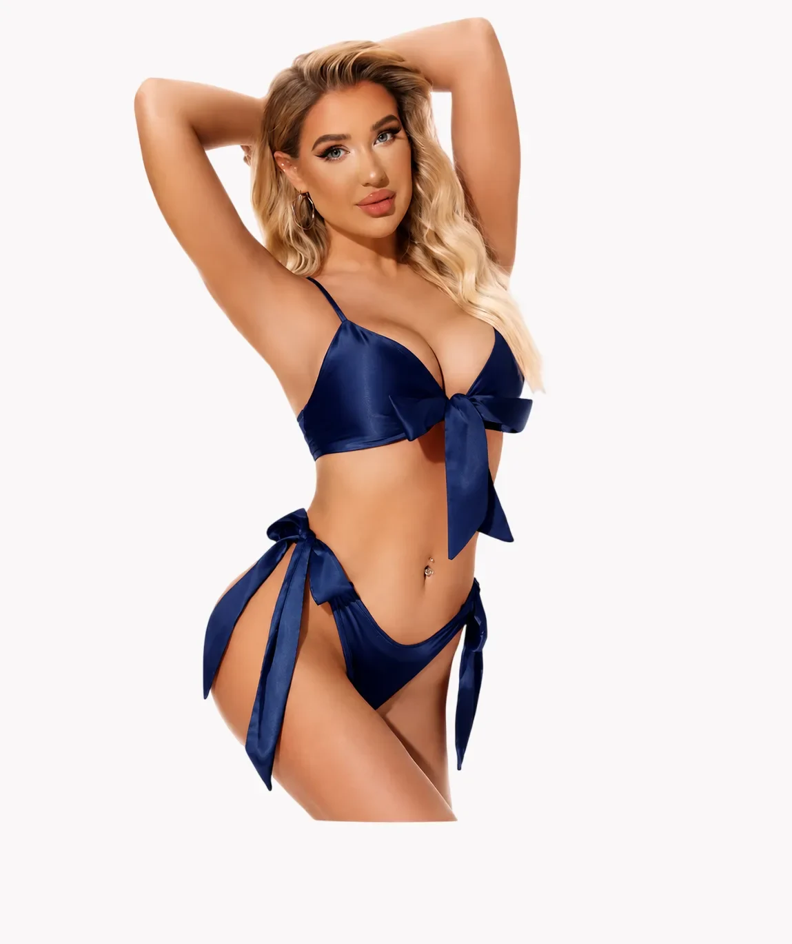 Blue Satin Bow Bikini Lingerie Set for Women with Adjustable Straps - view 1