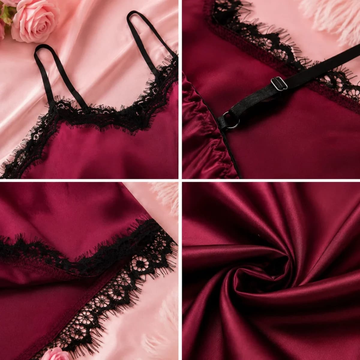 Women’s Wine Satin Lace Trim Cami Top & Shorts Nightwear Set - view 3