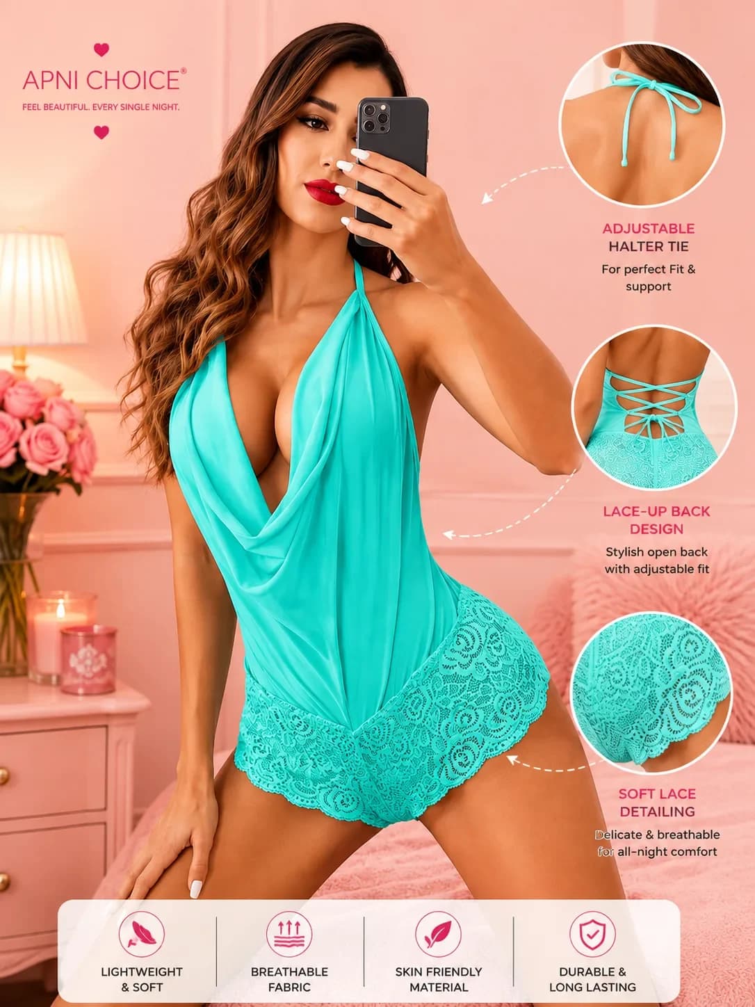 Women’s Turquoise Blue Deep V-Neck Lace Trim Bodysuit Nightwear - view 4