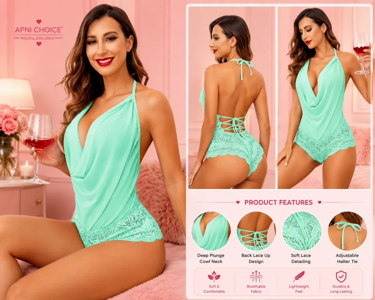 Women’s Mint Green Halter Neck Lace Trim Satin Bodysuit - view 4