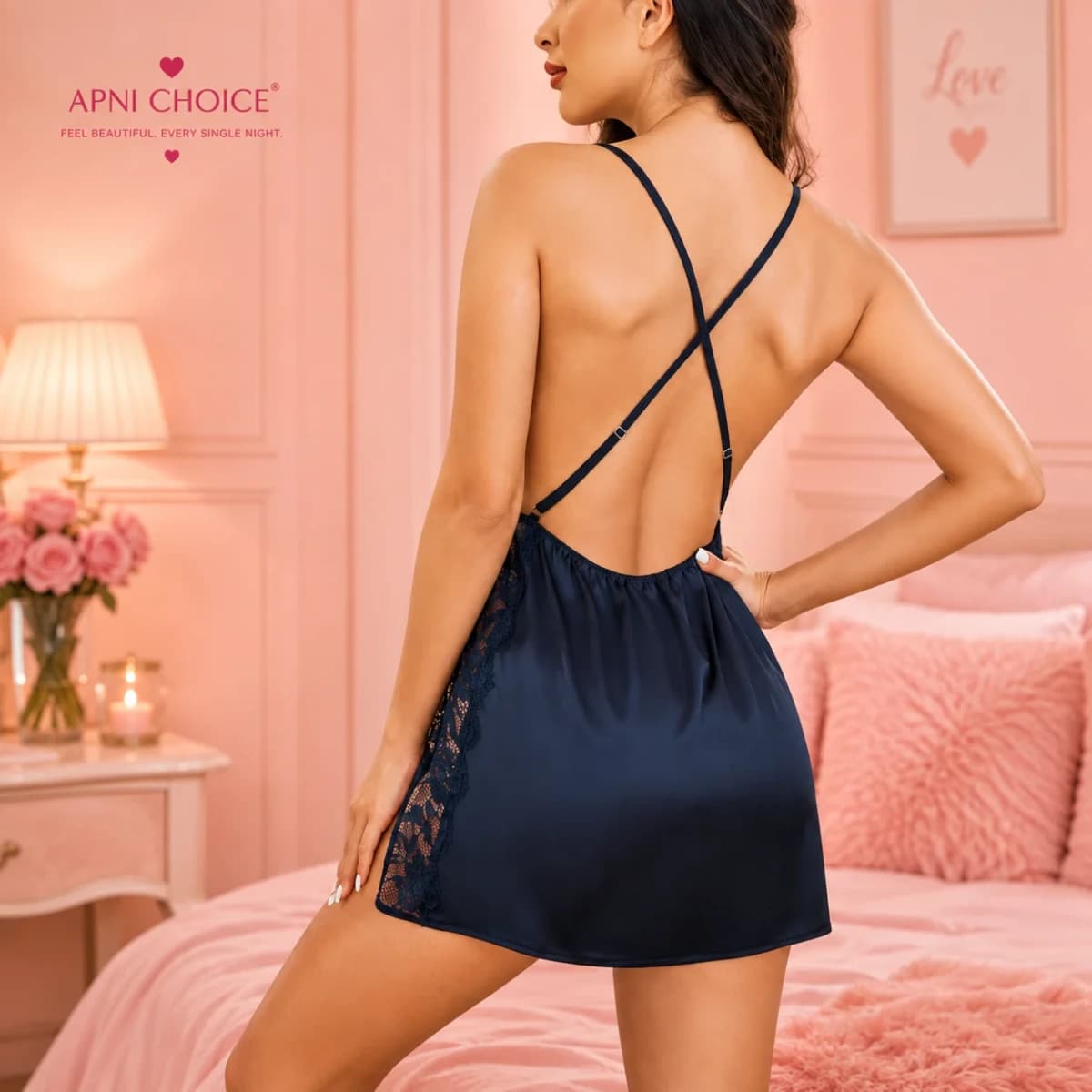 Women’s Navy Blue Satin Lace Trim Babydoll Nightdress - view 2