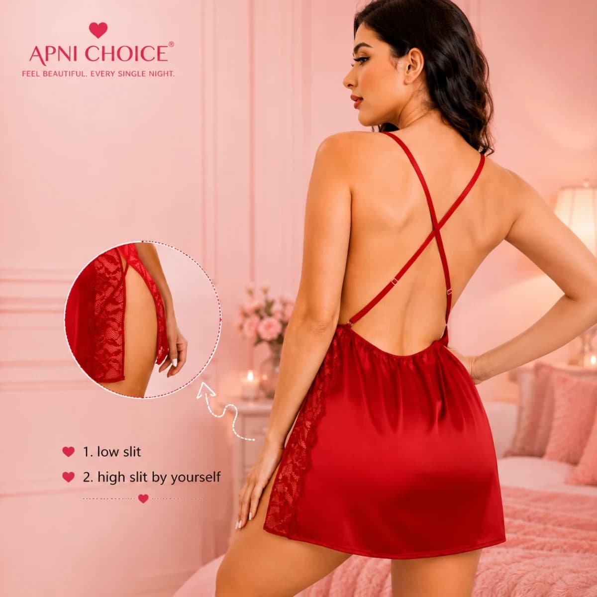 Women’s Red Satin Lace Trim Babydoll Nightdress - view 2