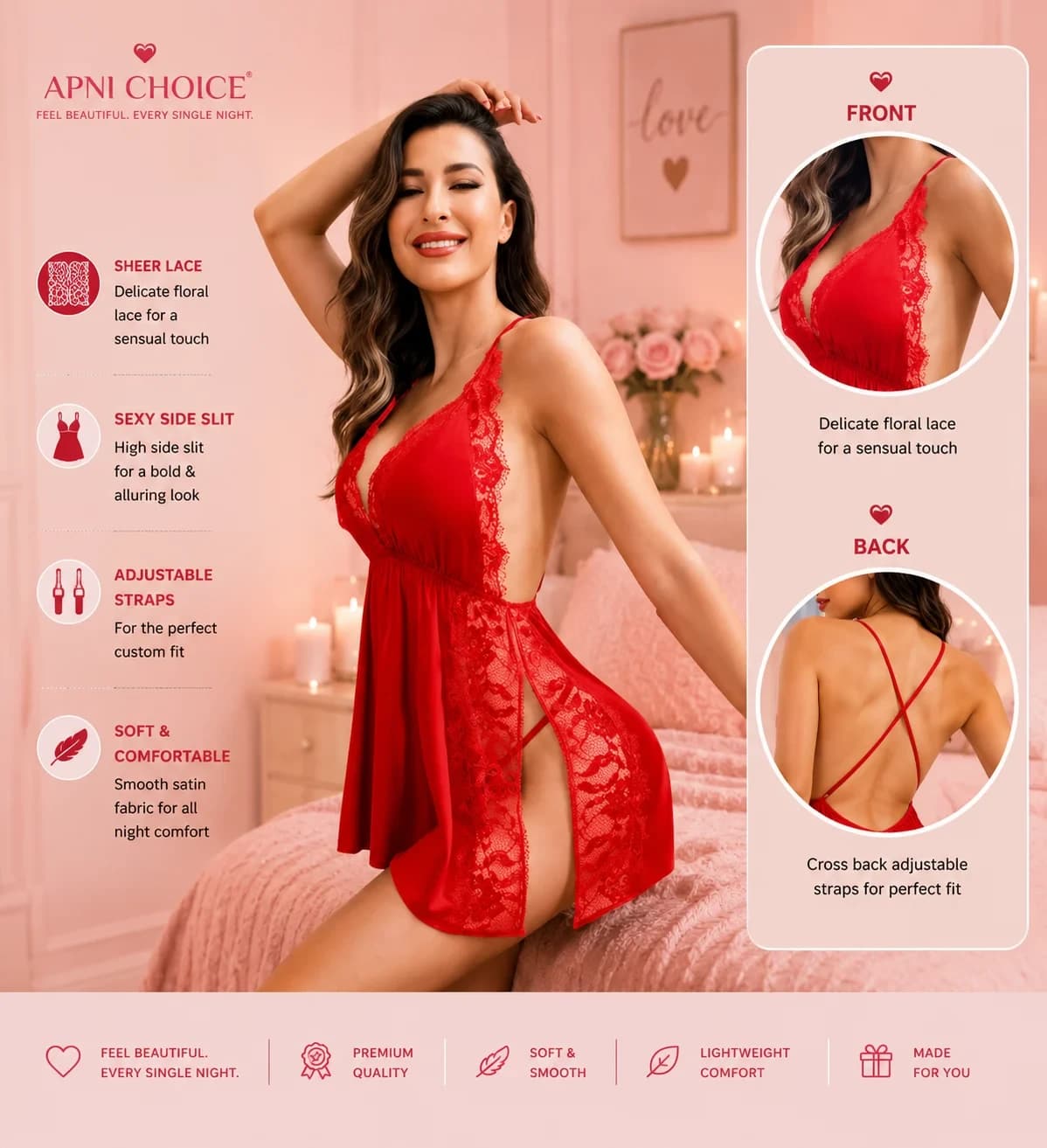 Women’s Red Satin Lace Trim Babydoll Nightdress - view 4