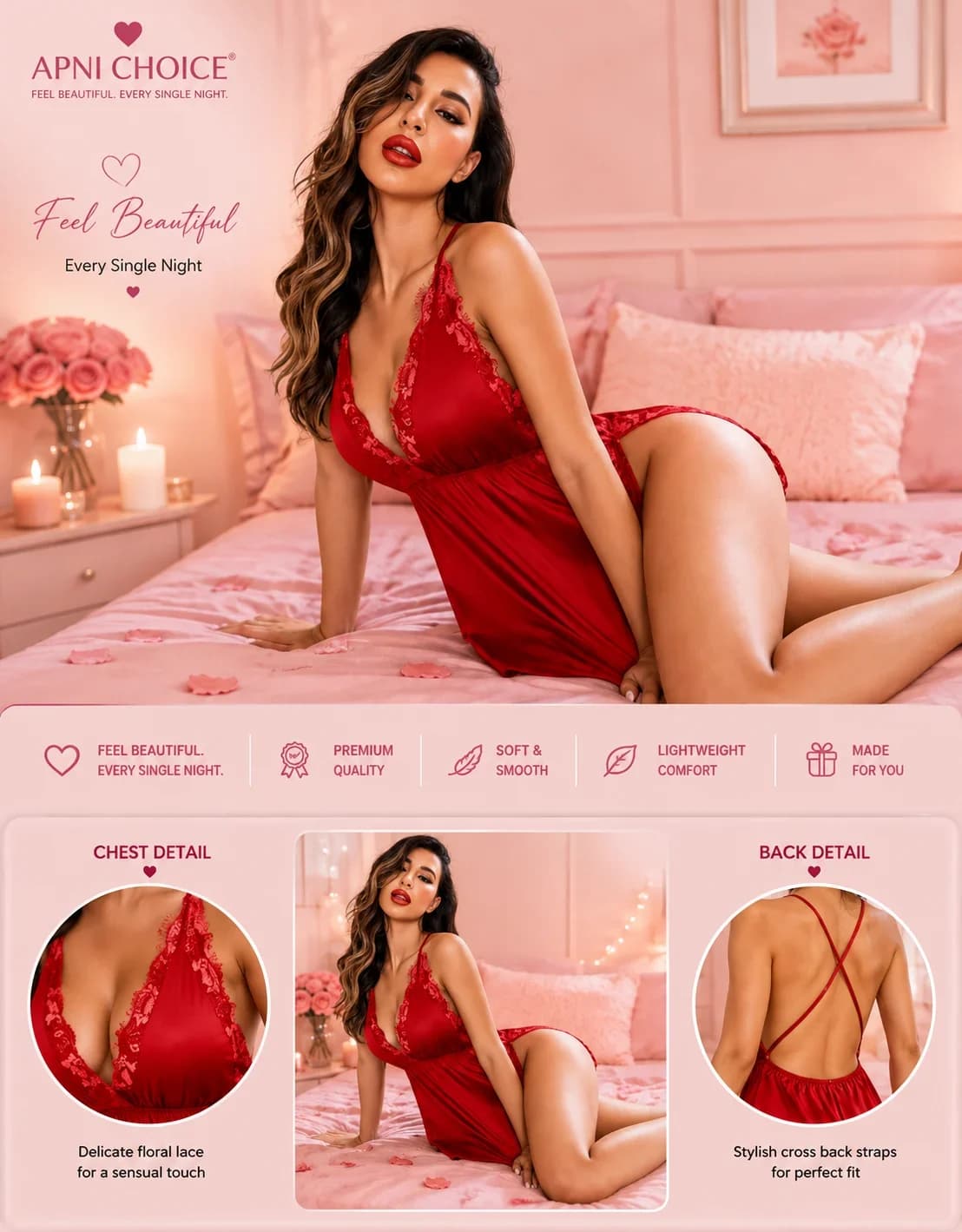 Women’s Red Satin Lace Trim Babydoll Nightdress - view 3