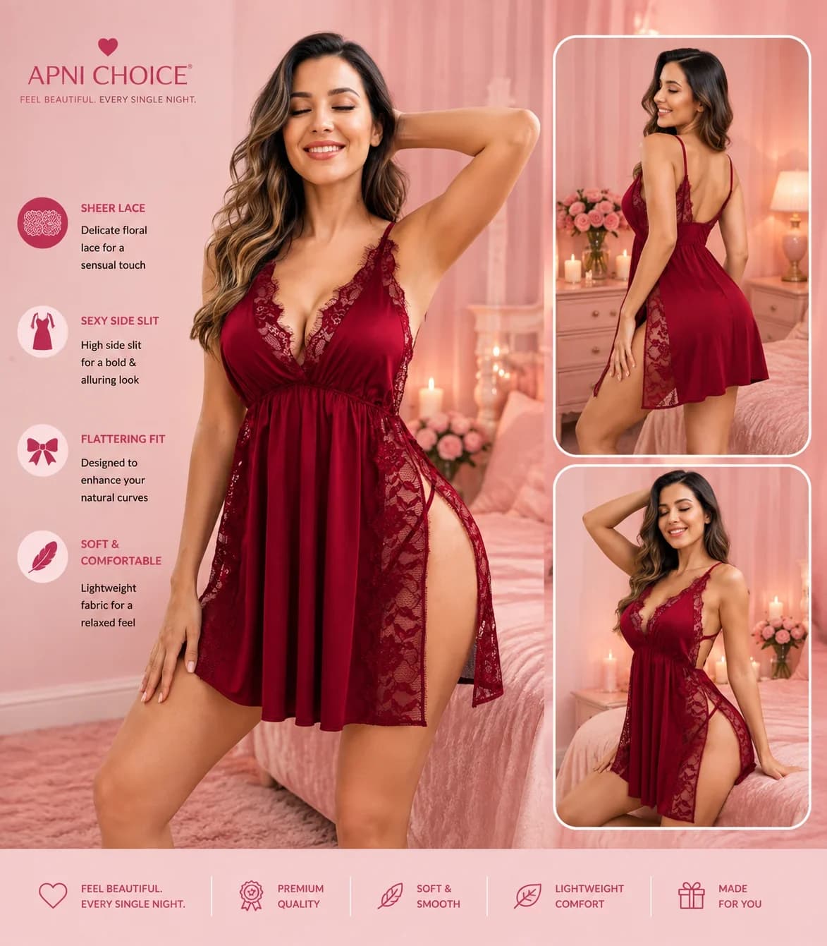 Women’s Red Satin Lace Trim Babydoll Nightdress - view 1