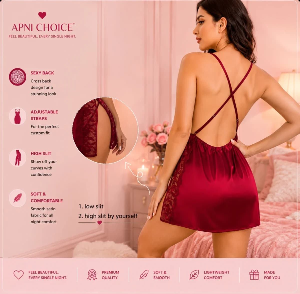 Women’s Red Satin Lace Trim Babydoll Nightdress - view 2