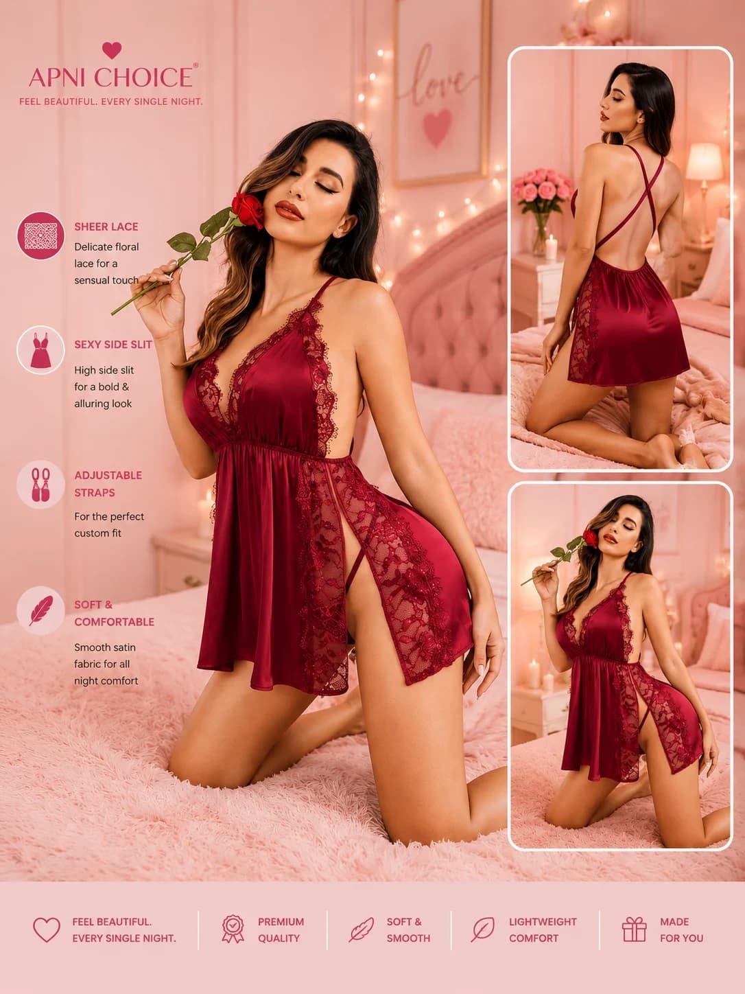 Women’s Red Satin Lace Trim Babydoll Nightdress - view 4