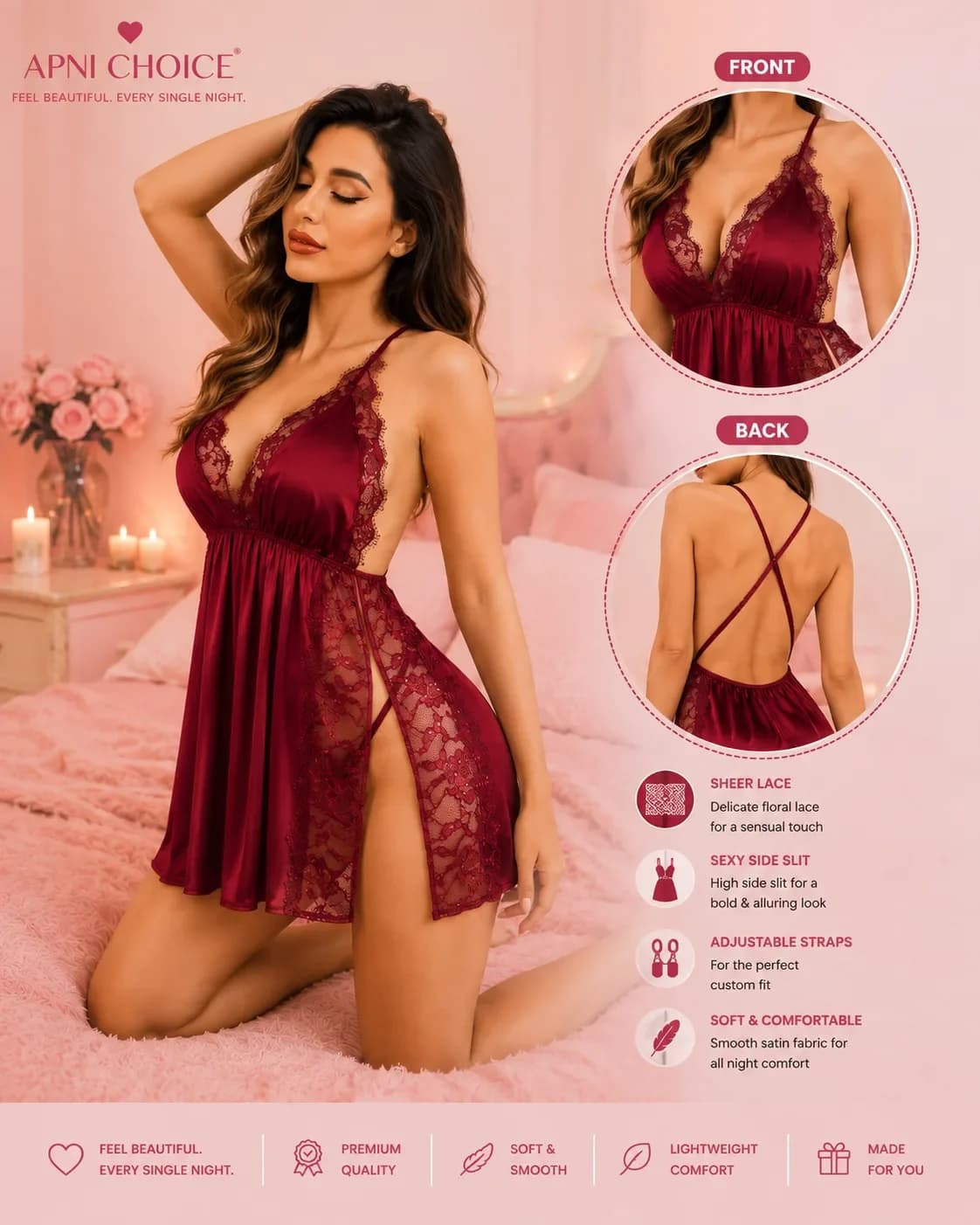 Women’s Red Satin Lace Trim Babydoll Nightdress - view 3