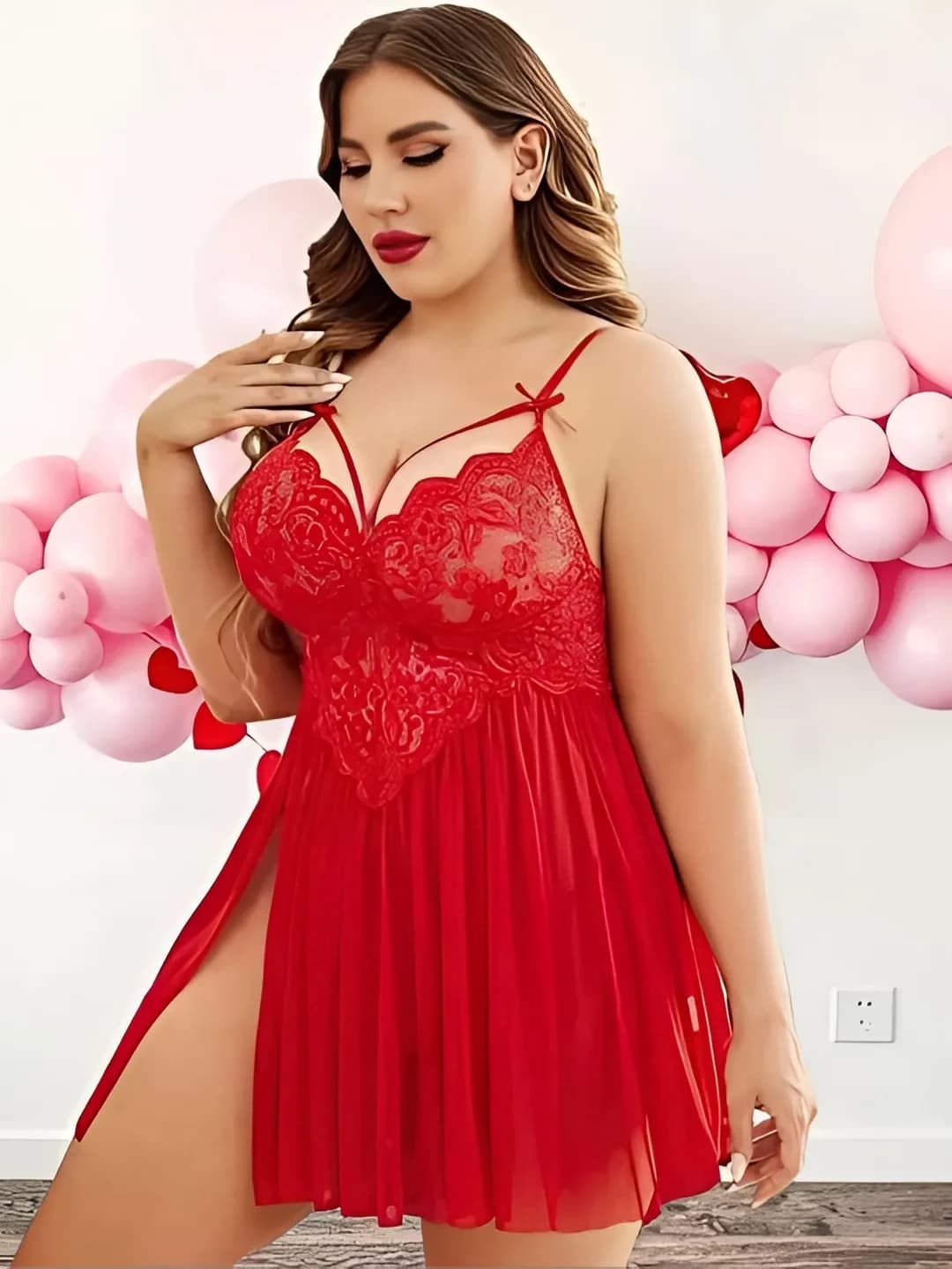 Women Red Lace Babydoll Nightwear for Ladies | Deep V Neck Net Nighty, Sleeveless Short Nightdress - view 4