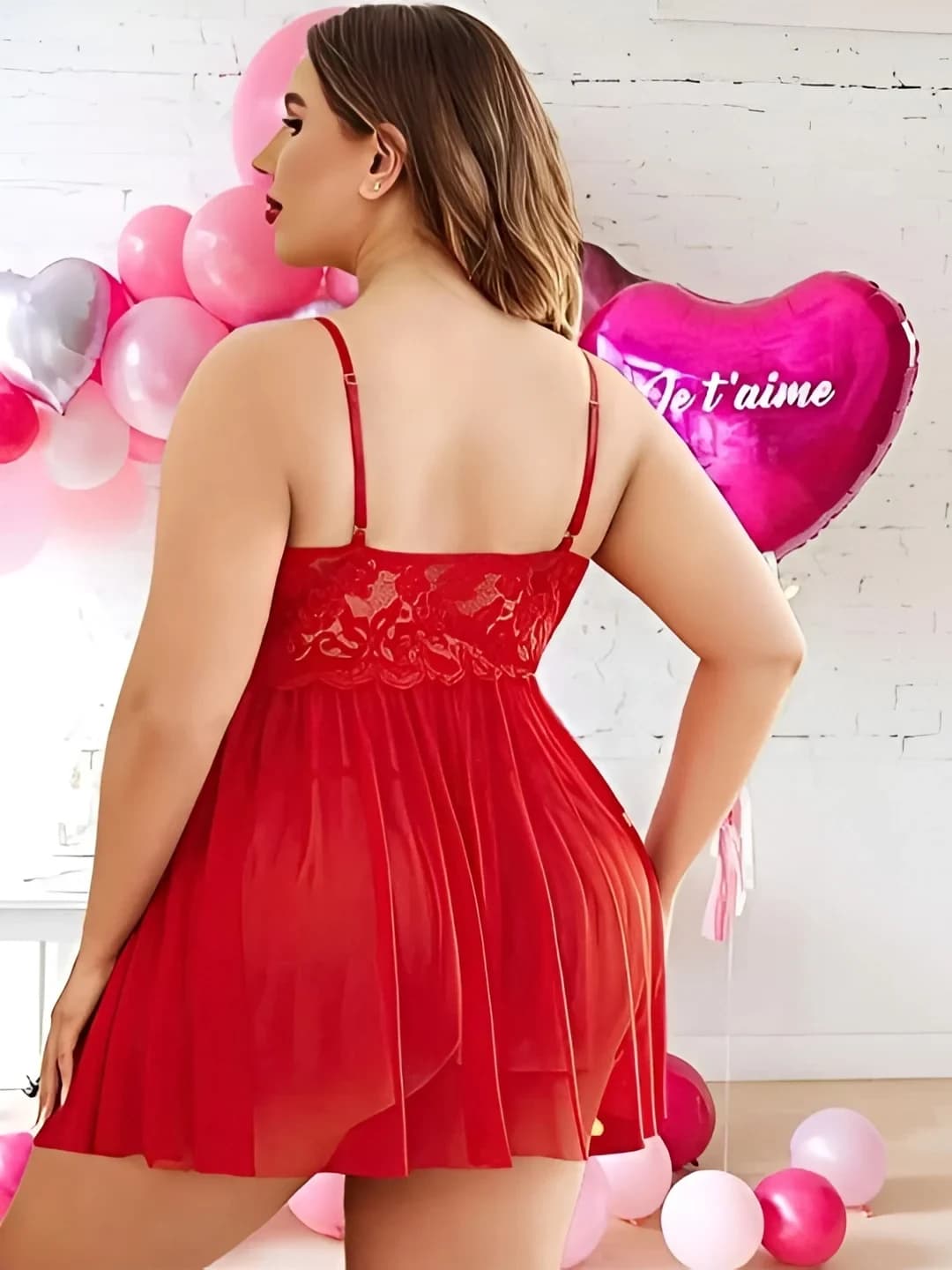 Women Red Lace Babydoll Nightwear for Ladies | Deep V Neck Net Nighty, Sleeveless Short Nightdress - view 2