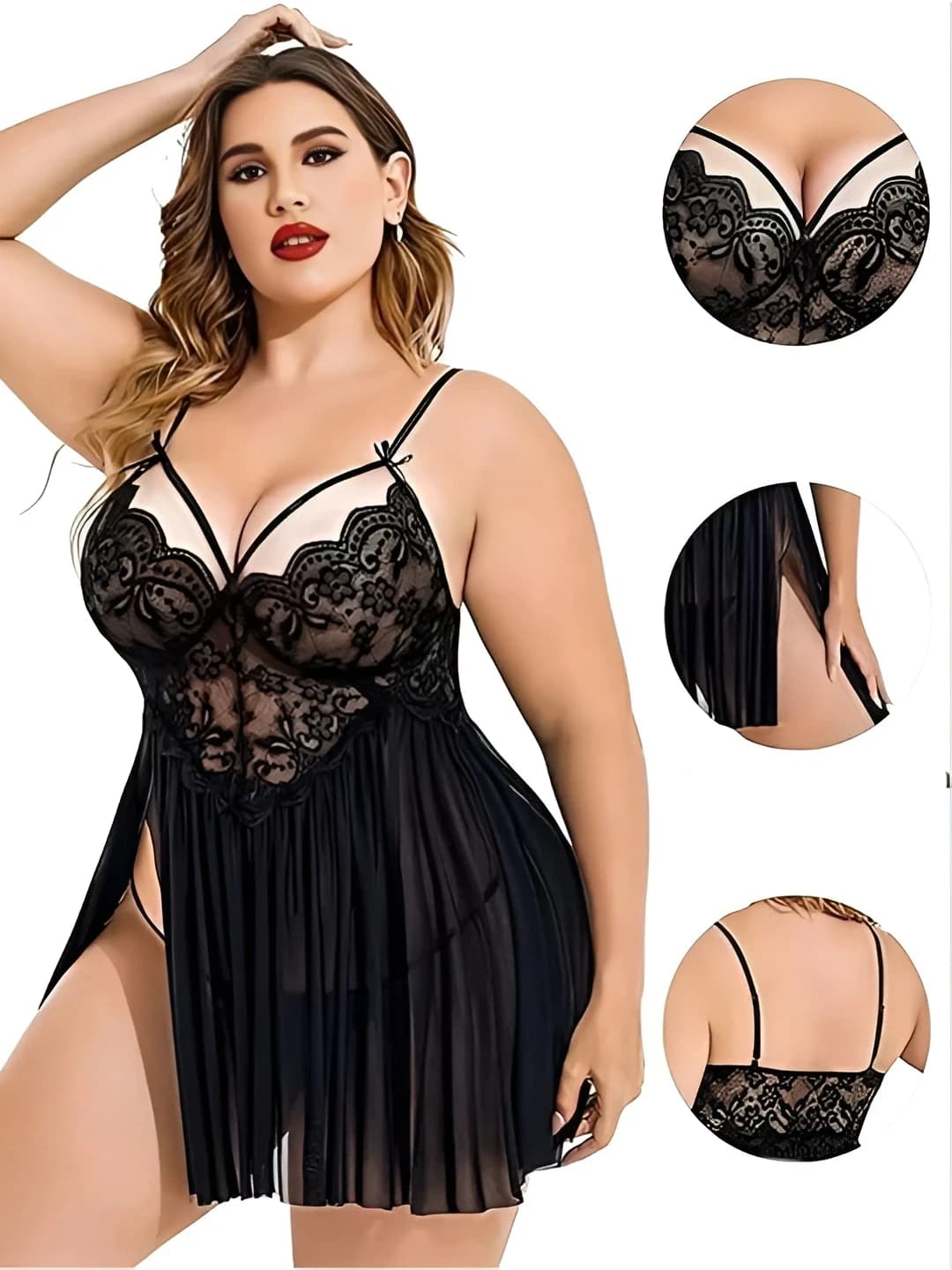 Women Black Lace Babydoll Nightwear | Plus Size Sheer Net Lingerie with Floral Lace Design - view 2