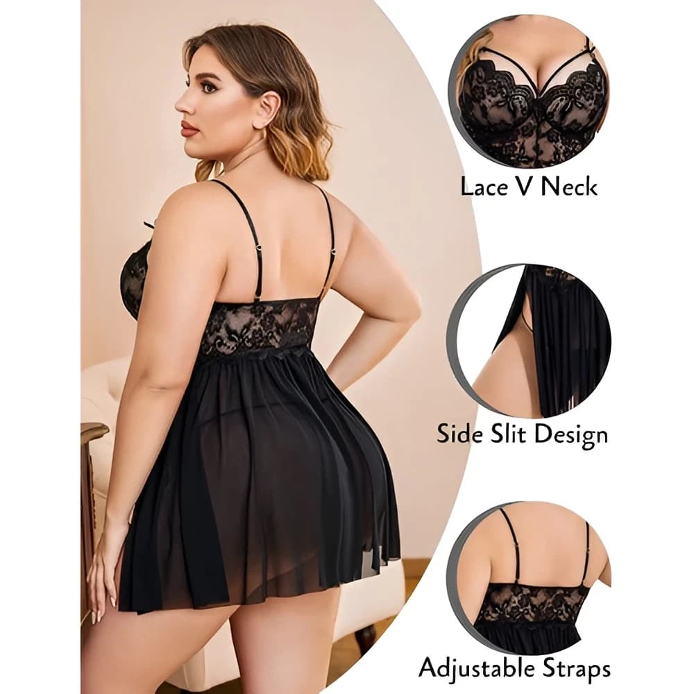 Women Black Lace Babydoll Nightwear | Plus Size Sheer Net Lingerie with Floral Lace Design - view 4