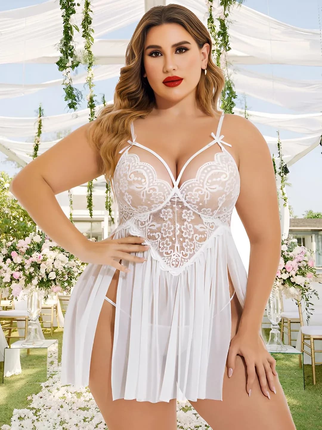Women White Lace Babydoll Nightwear | Plus Size Sheer Net Lingerie with Floral Embroidery - view 1