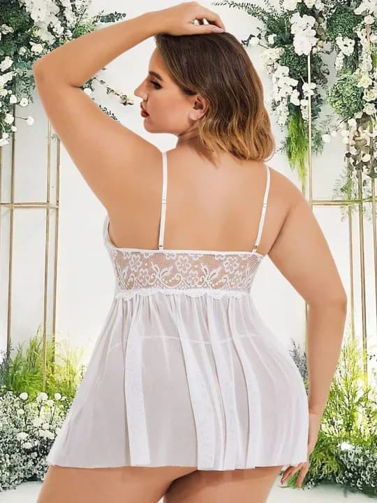 Women White Lace Babydoll Nightwear | Plus Size Sheer Net Lingerie with Floral Embroidery - view 2