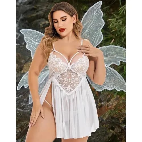 Women White Lace Babydoll Nightwear | Plus Size Sheer Net Lingerie with Floral Embroidery - view 3
