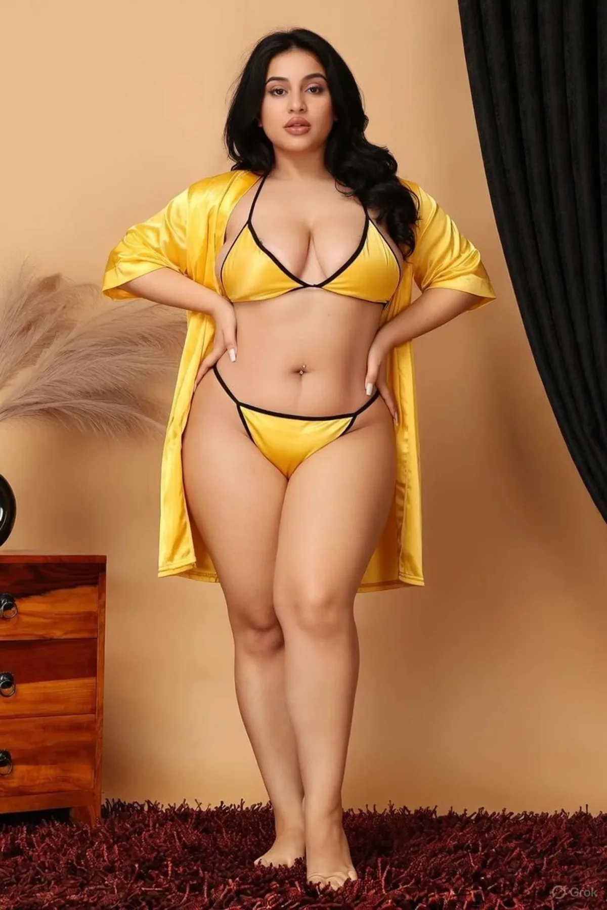 Women Yellow Satin Nightwear Set with Robe, Bra and Panty | 3 Piece Lingerie Set - view 1