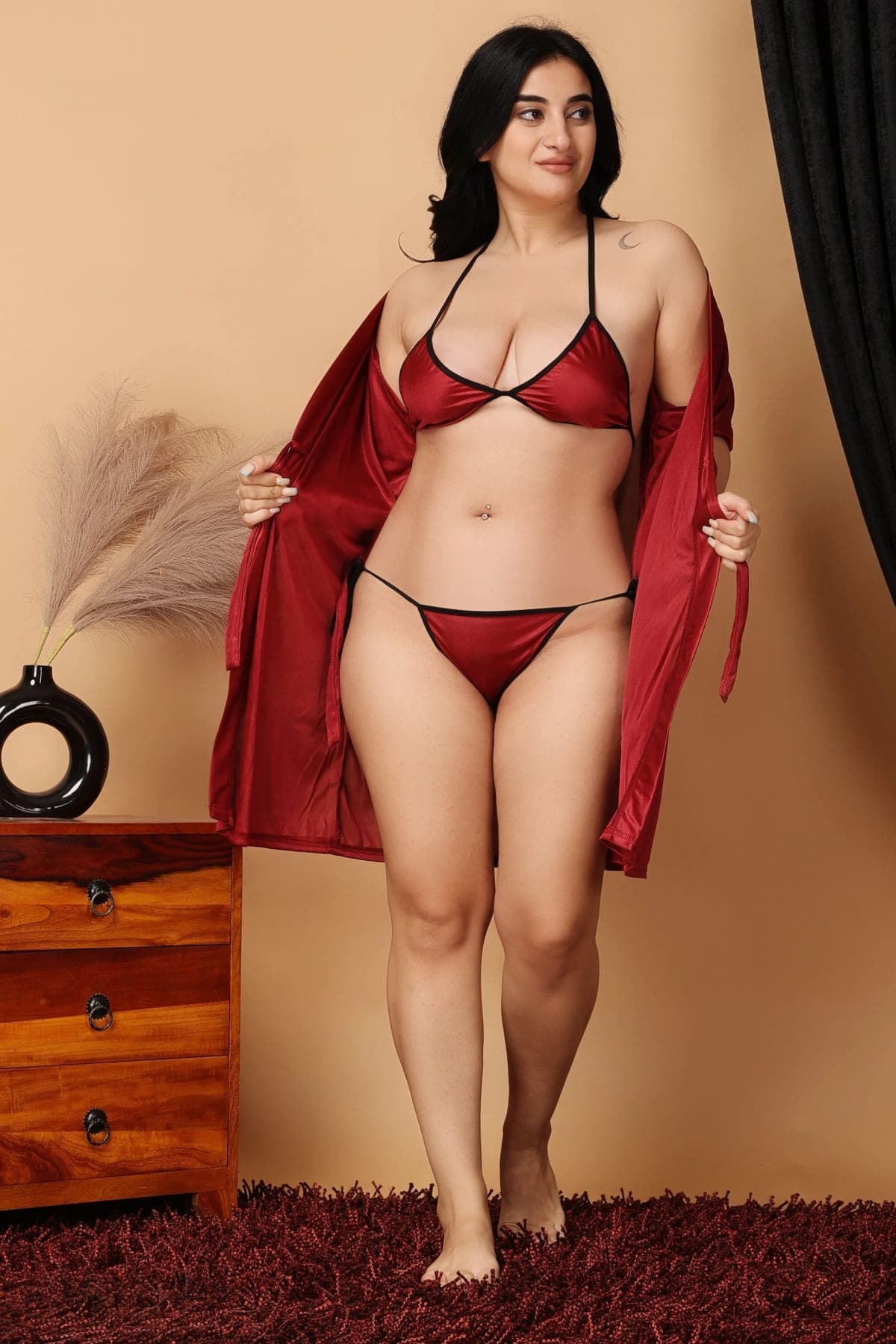 Women Maroon Satin Nightwear Set with Robe, Bra and Panty | 3 Piece Lingerie Set - view 1